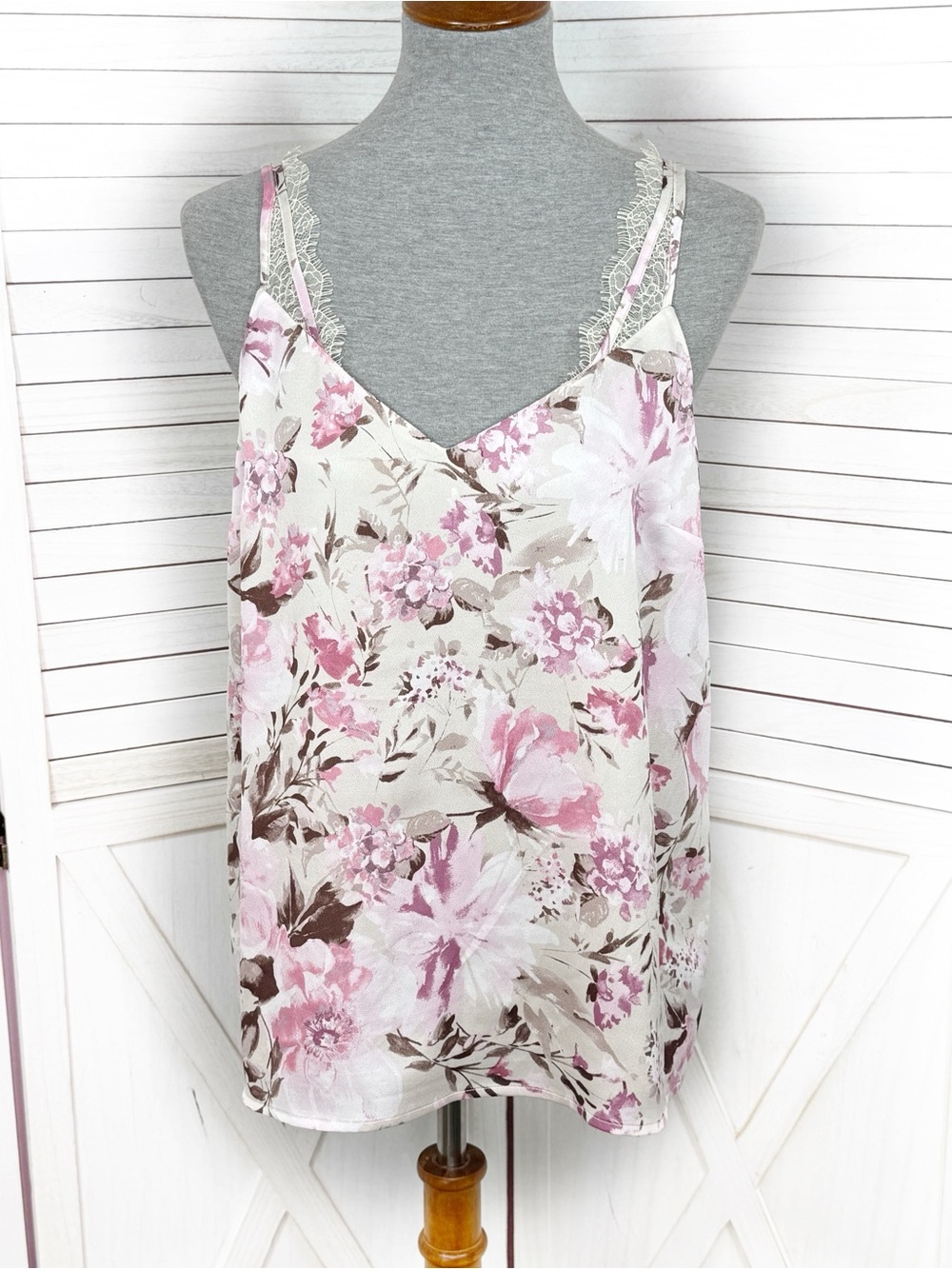 Express Floral Lace Trim Satin Camisole Top Beige Pink Medium Fairy Coquette